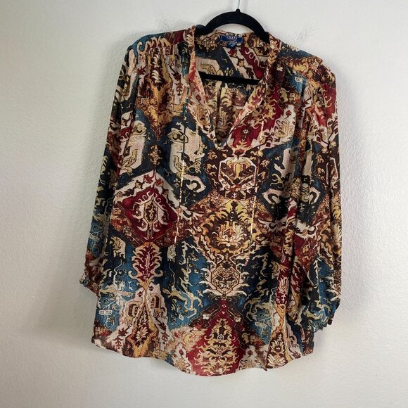 Chaps Denim Womens Plus 2X Boho 3/4 Sleeve Tunic Top Front Tie Neck Blouse - Picture 6 of 10